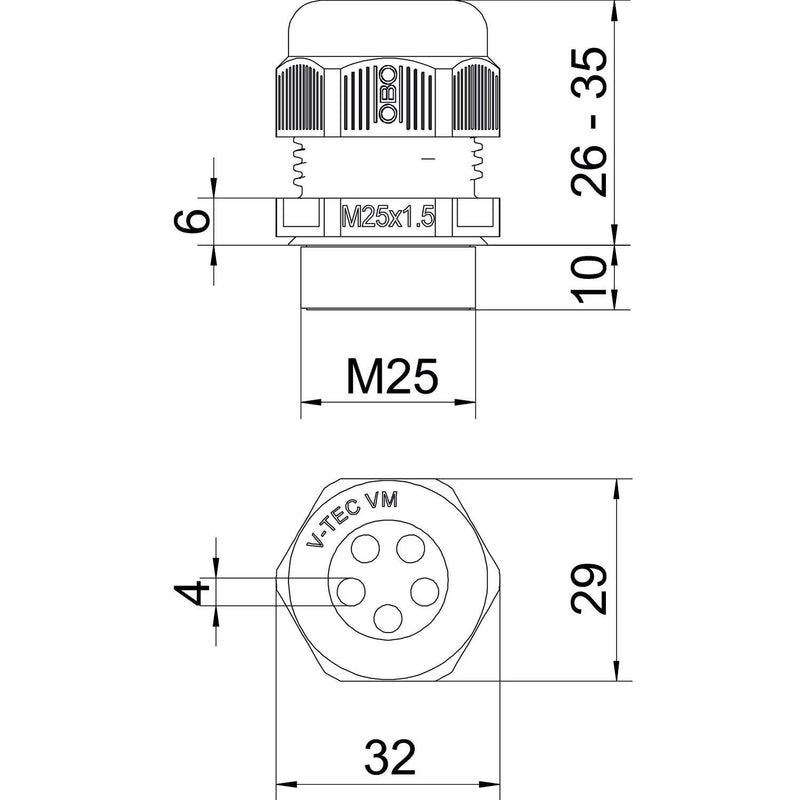 OBO Bettermann - Kabelverschraubung V-TEC VM25 5x4 M25, PA, lichtgrau − 25 Stück