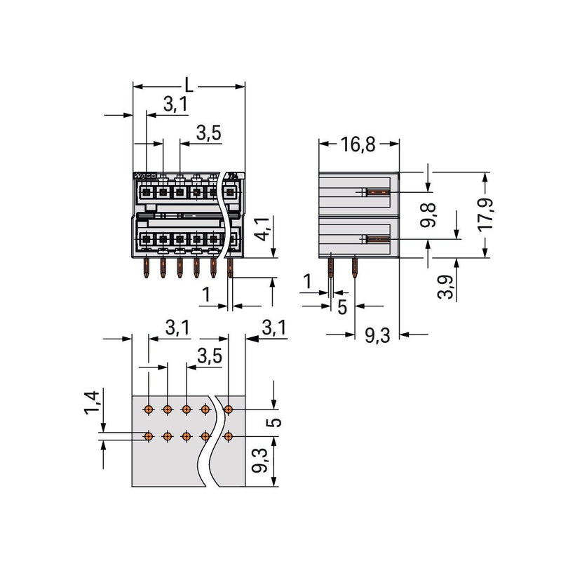 WAGO - Leiterplattensteckverbinder Doppelstock-Stiftleiste 734-1446 THT Lötstift 1x1mm − 25 Stück