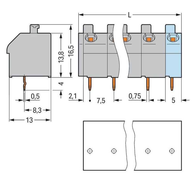 WAGO - Leiterplattenklemme 250-602 Drücker,1,5mm²,grau − 85 Stück