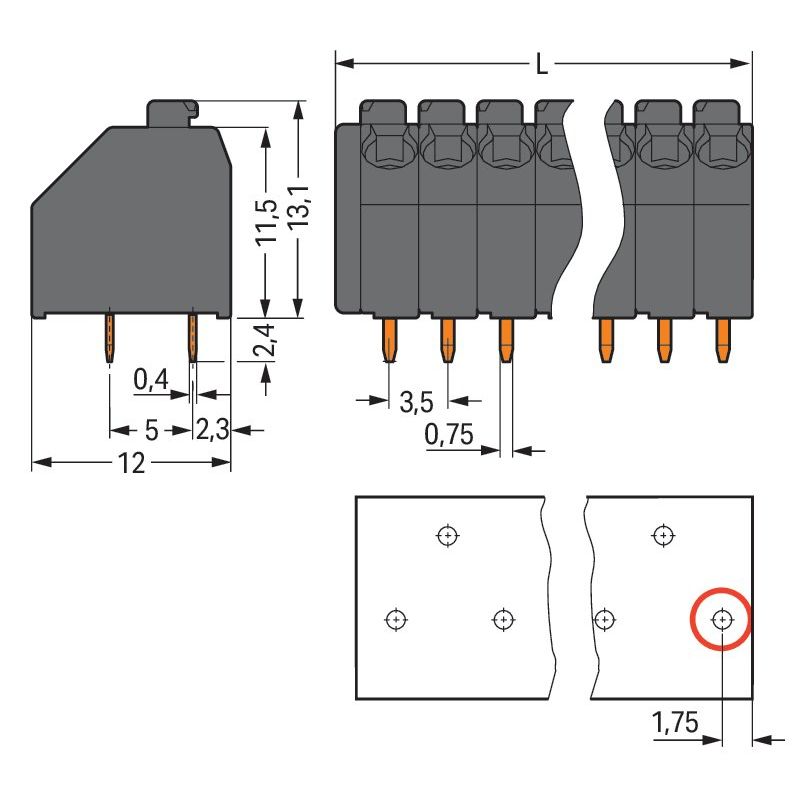 WAGO - Leiterplattenklemme THR-Leiterplattenklemme 250-207/353-604 Drücker,1,5mm²,sw − 45 Stück