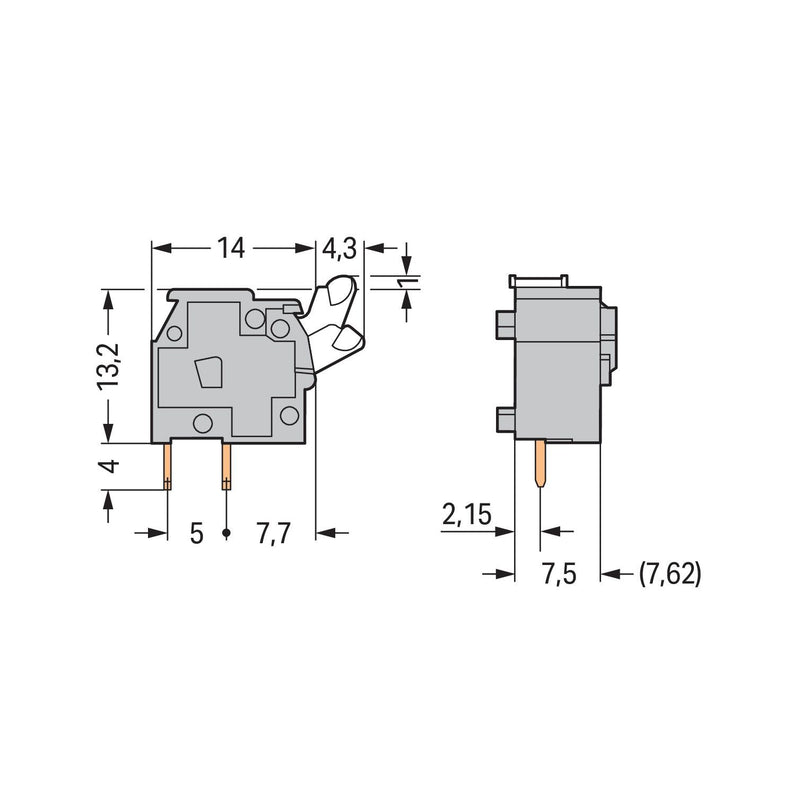 WAGO - Leiterplattenklemme Anreihbare Leiterplattenk. 255-751 Drücker,2,5mm²,ge − 100 Stück