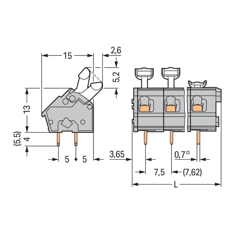 WAGO - Leiterplattenklemme 256-516 Drücker,2,5 mm²,grau − 10 Stück