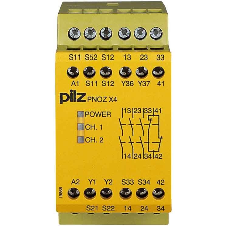 Pilz - Gerät zur Überwachung von sicherheitsgerichteten Stromkreisen Not-Aus-Schaltgerät PNOZ X4 #774736 120VAC 3n/o 1n/c