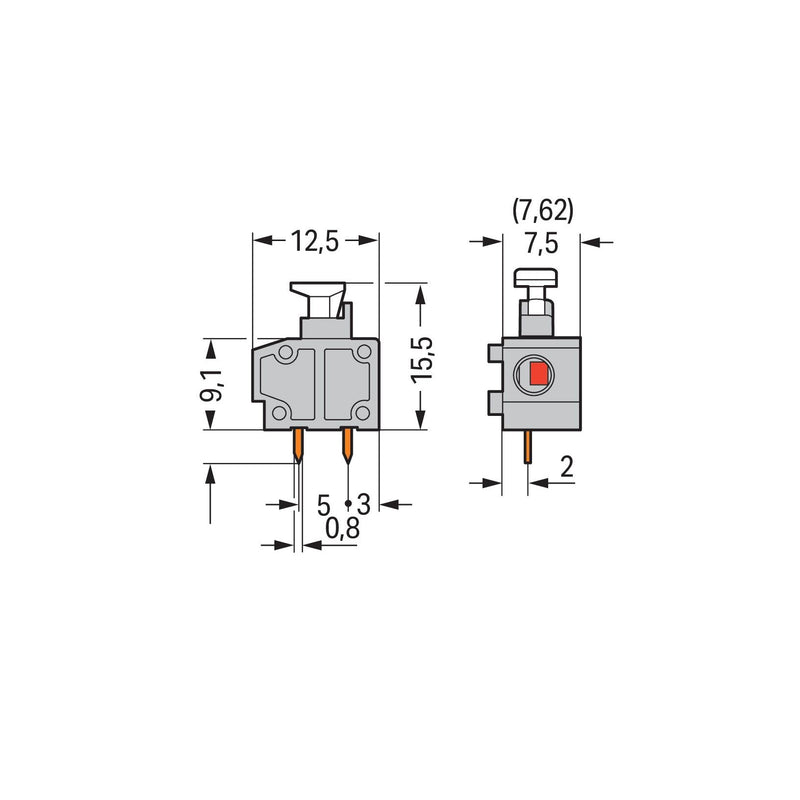 WAGO - Leiterplattenklemme Anreihbare Leiterplattenk. 235-752/331-000 Drücker,1,5mm²,dgr − 100 Stück