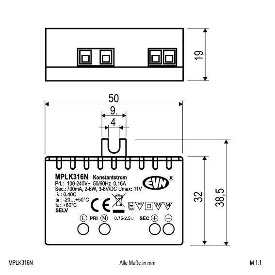 EVN Lichttechnik - LED-Betriebsgerät LED-Netzgerät MPLK316N 700mA 2-6W IP20