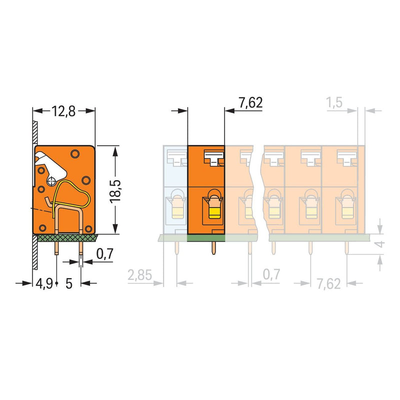 WAGO - Leiterplattenklemme Anreihbare Leiterplattenk. 741-912 Drücker,2,5mm²,or − 100 Stück