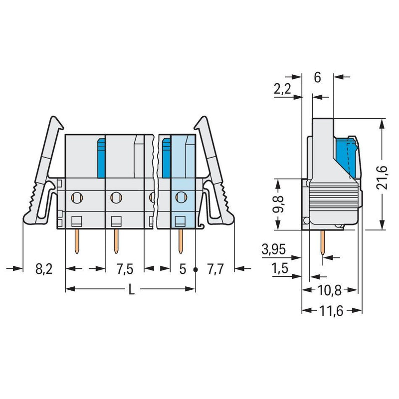 WAGO GmbH & Co. KG - Leiterplattensteckverbinder THT-Federleiste gerade 722-742/039-000 7,5mm,lichtgrau − 10 Stück