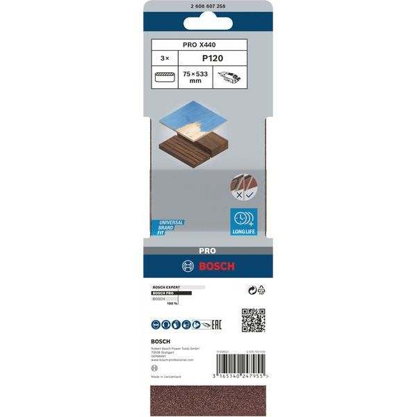 Bosch - Schleifpapier/Schleifvlies PRO X440 Schleifband, 75 x 2608607258 533 mm, 120, 3-tlg