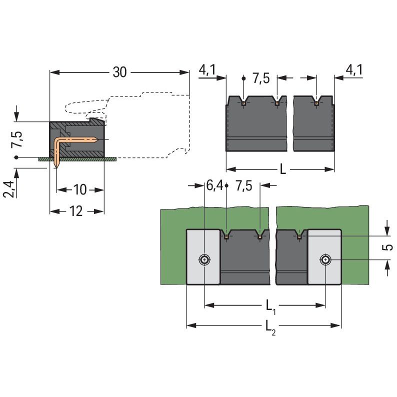 WAGO - Leiterplattensteckverbinder THR-Stiftleiste Lötstift 231-870/001-000/105- 1,2x1,2,abgew.,sw − 50 Stück