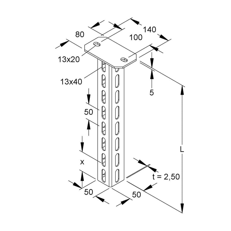 Niedax - Hängestiel für Kabeltragsystem Hängestiel U-Profil HU 5050/250 C1KG 50x50x255mm grau