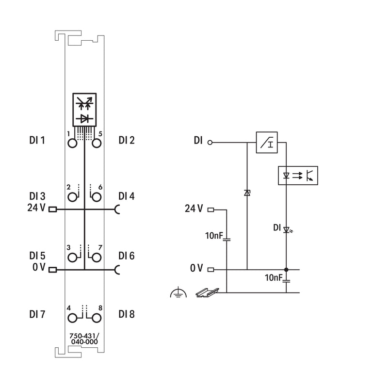 WAGO - Feldbus, Dez. Peripherie - Digitales Ein-/Ausgangs-Modul 8-Kanal-Digitaleingang 750-431/040-000 DC 24 V,0,2 ms
