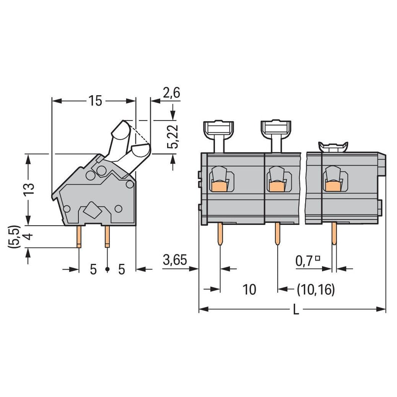 WAGO - Leiterplattenklemme 256-607 Drücker,2,5 mm²,grau − 15 Stück