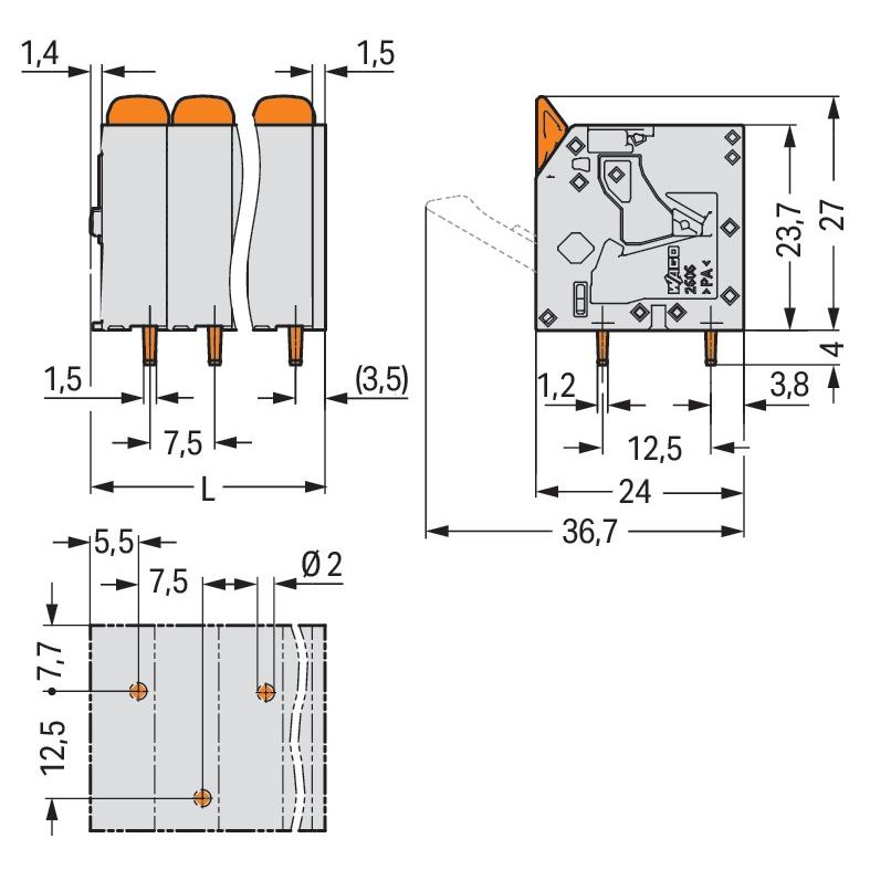 WAGO - Leiterplattenklemme 2606-3102/000-004 Hebel,6mm²,sw − 88 Stück