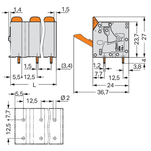 WAGO - Leiterplattenklemme Hebel 2606-3353 6mm²,grau − 58 Stück