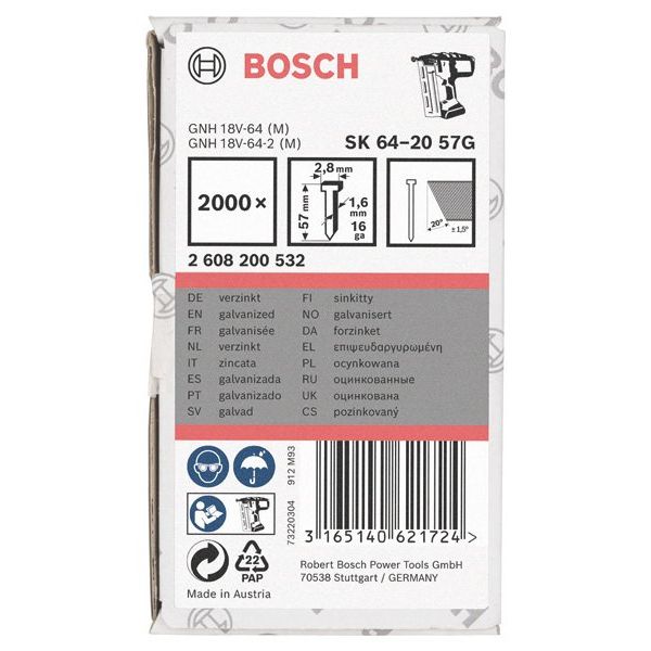 Bosch - Nagel für Nagelgerät Senkkopf-Stift SK64 20G, 2608200532 57 mm verzinkt 2000