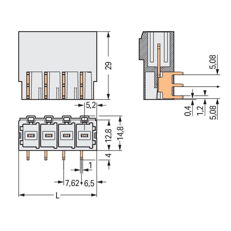 WAGO - Leiterplattensteckverbinder THT-Stiftleiste Lötstift 831-3628 1,0x1,2,abgew.,lgr − 12 Stück