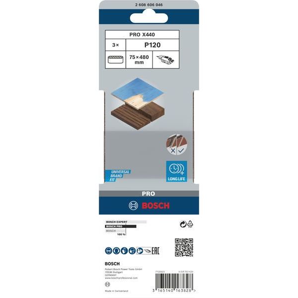 Bosch - Schleifpapier/Schleifvlies PRO X440 Schleifband, 75 x 2608606046 480 mm, G120, 3-tlg