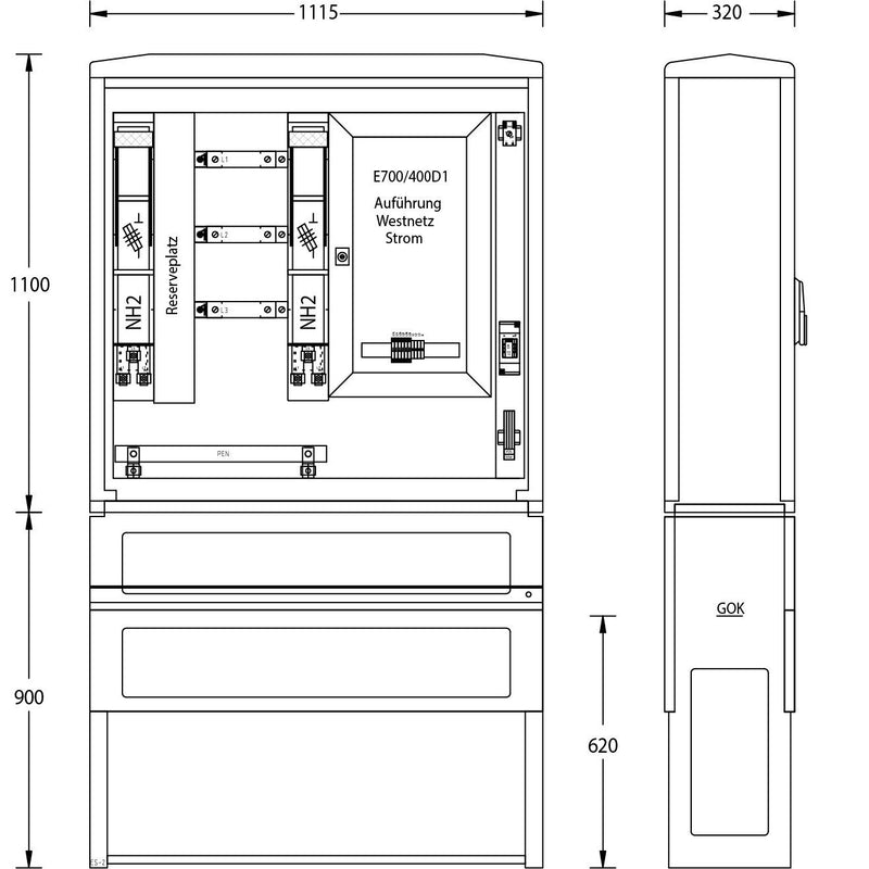 uesa - Zähler-Komplettschrank Wandlermessung WMZWS400A700/400D1 W 1100x1115x320mm
