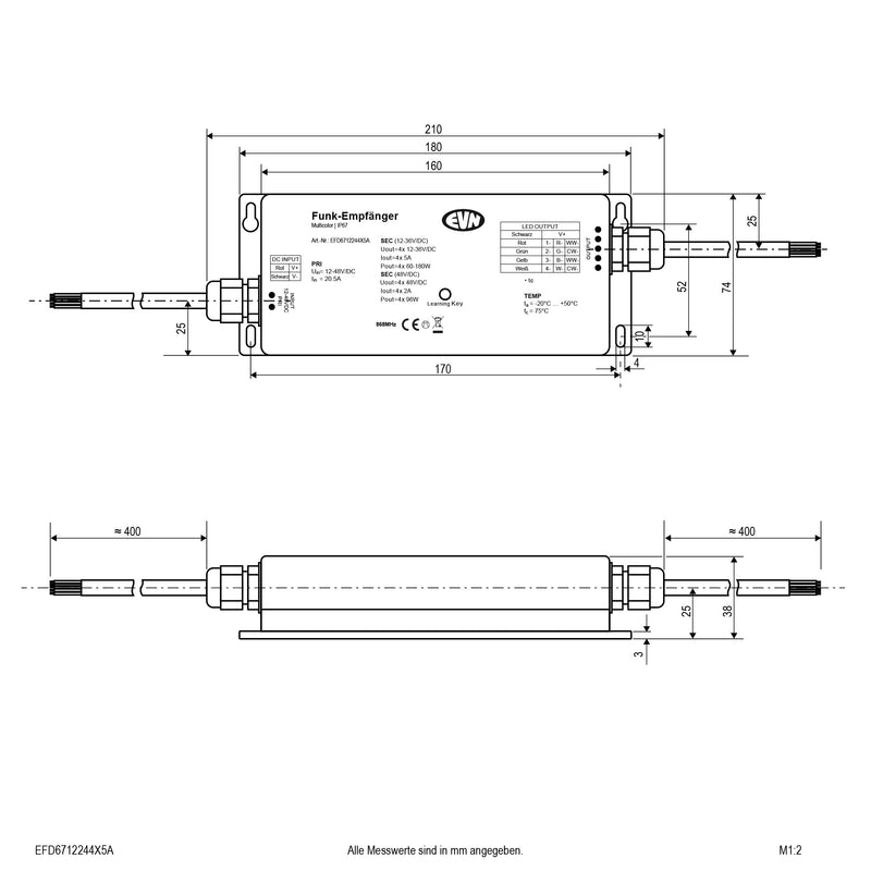 EVN Lichttechnik - Steuergerät für Leuchten LED-Funk-Steuerung EFD6712244X5A 868MHZ 12-36V IP67