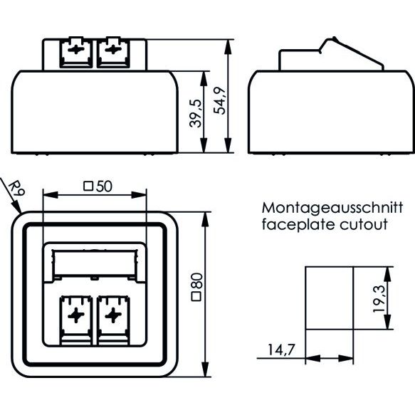 Telegärtner - Kommunikationsanschlussdose Kupfer Modul-Aufnahme AP 80x80 100021382 2fach aws leer − 1 Stück