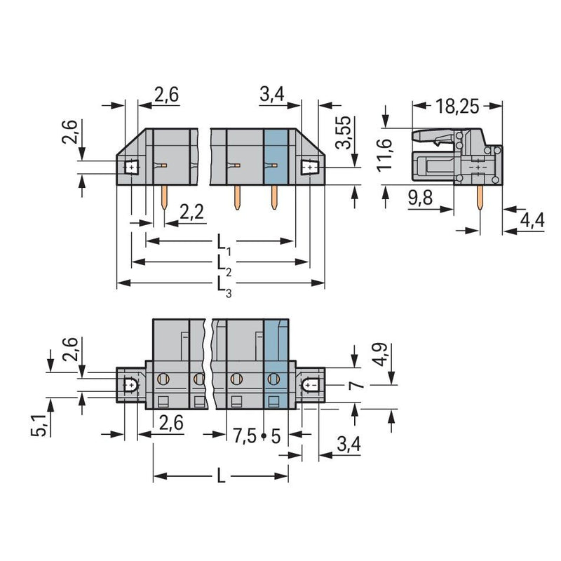 WAGO - Leiterplattensteckverbinder THT-Federleiste abgewink. 232-832/031-000 Maß 7,5mm,grau − 50 Stück