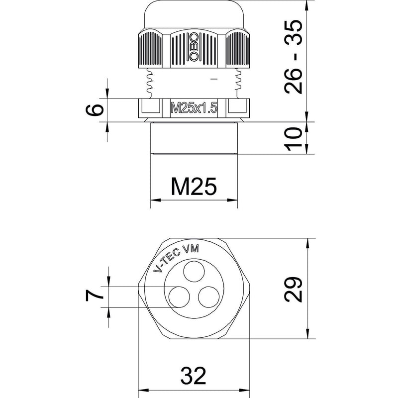 OBO Bettermann - Kabelverschraubung V-TEC VM25 3x7 M25, PA, lichtgrau