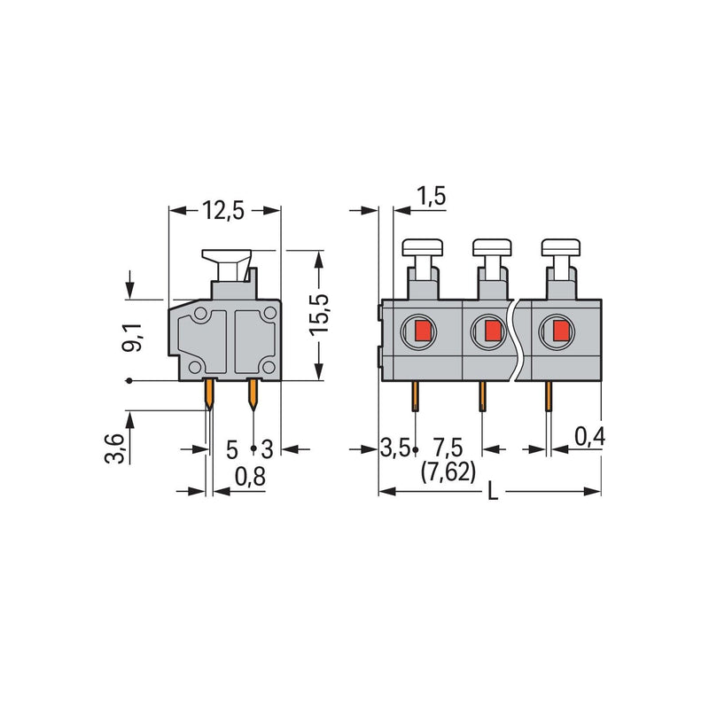 WAGO - Leiterplattenklemme 235-505/331-000 Drücker,1,5mm²,grau − 30 Stück