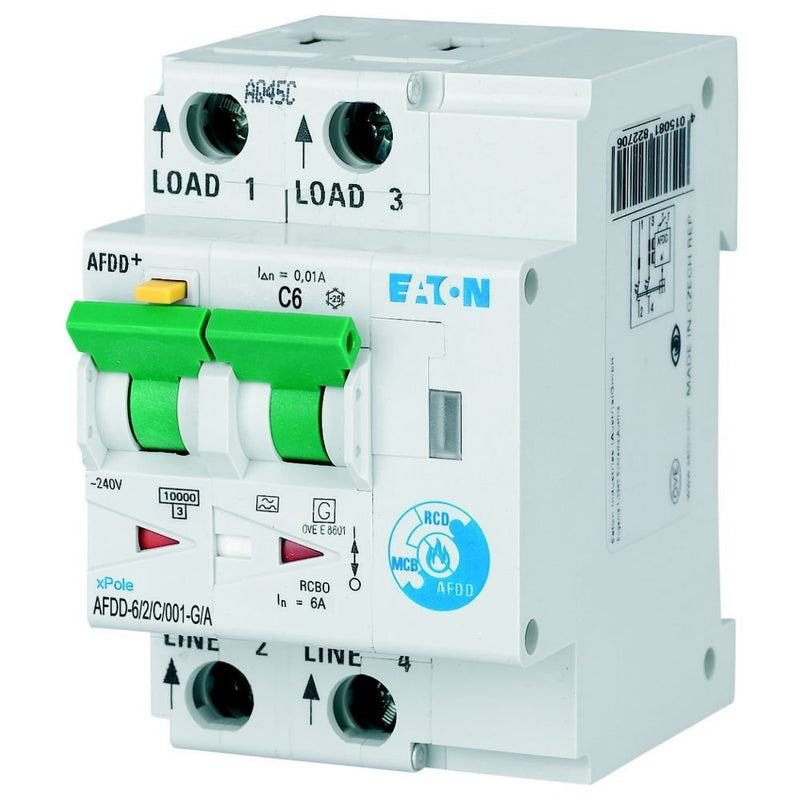 Eaton - Kombination FI-Schalter/Leitungsschutzschalter mit Zusatzeinrichtung Brandschutzschalter AFDD-6/2/C/001-G/A 2p,C,6A,10mA,TypG/A