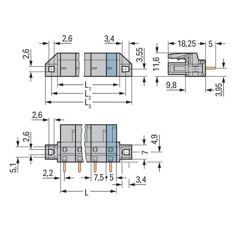WAGO - Leiterplattensteckverbinder THT-Federleiste gerade 232-732/031-000 Maß 7,5mm,grau − 50 Stück