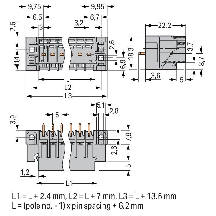 WAGO - Leiterplattensteckverbinder THT-Stiftleiste Lötstift 769-641/004-000 1,0x1,0,gerade,grau − 25 Stück