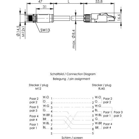 Telegärtner - Konfektionierte Leitung für steckbare Gebäudeinstallation STX M12x1-RJ45 VL 100017236 X-kod. Cat.6A(IEC)