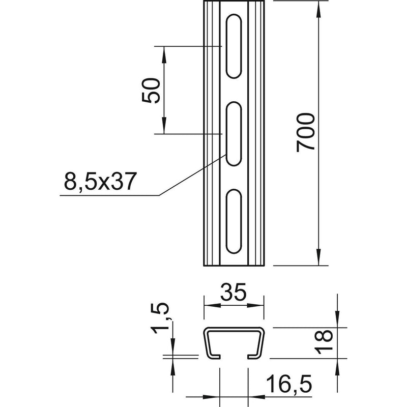 OBO Bettermann - Stiel/Profilschiene Profilschiene gelocht AML3518P0700FT SW 16,5mm 700x35x18 − 10 Stück