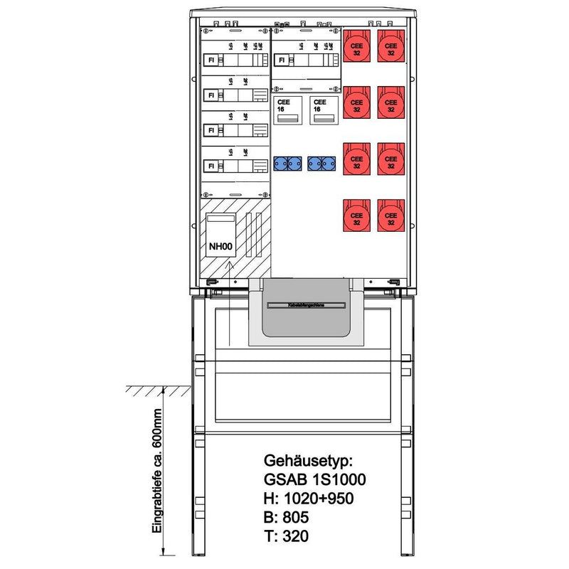 GSAB Elektrotechnik - Anschlussschrank Festplatzverteiler 1S1000FP8322164S HxBxT:1000x805x320