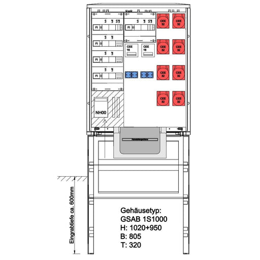 GSAB Elektrotechnik - Anschlussschrank Festplatzverteiler 1S1000FP8322164S HxBxT:1000x805x320
