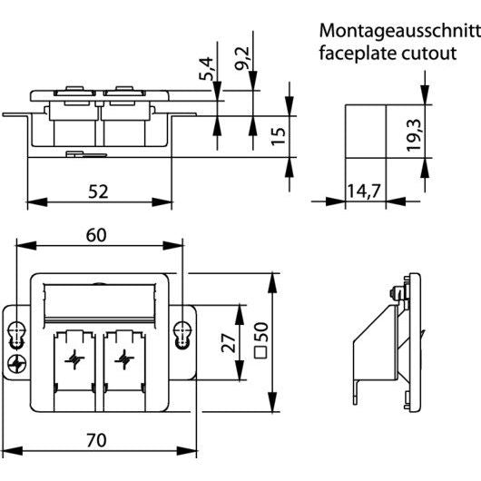 Telegärtner - Kommunikationsanschlussdose Kupfer Modul-Aufnahme 2fach 100021416 UP/50 aws leer f.BR
