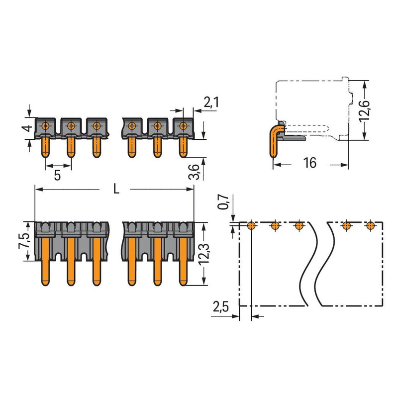 WAGO - Leiterplattensteckverbinder THT-Stiftleiste Lötstift 2092-1727 1,4mm,abgewinkelt,sw − 300 Stück