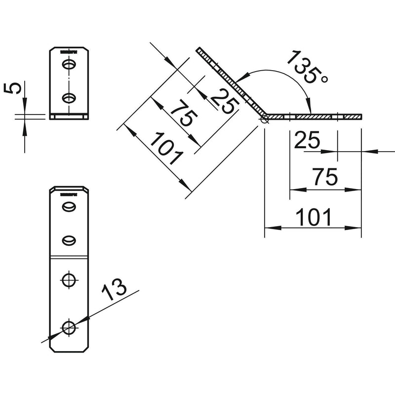 OBO Bettermann - Befestigungselement für Stiel/Profilschiene Verbindungswinkel 45° GMS 4 VW 45 FT m.4 Lö. 101x101x40x5 − 10 Stück