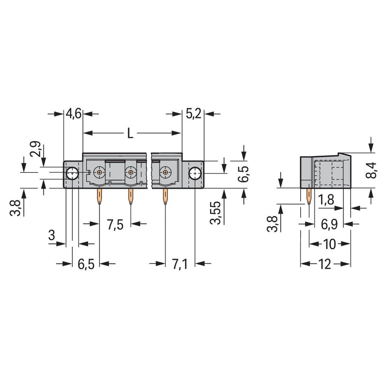WAGO - Leiterplattensteckverbinder THT-Stiftleiste Lötstift 231-870/040-000 1,2x1,2,abgew.,gr − 50 Stück