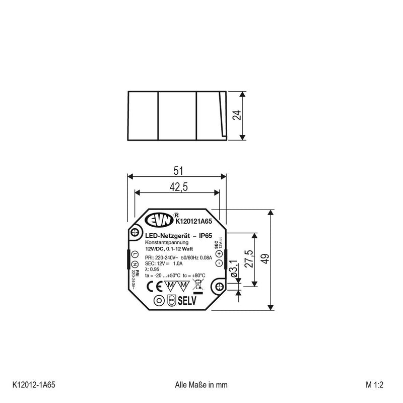 EVN Lichttechnik - LED-Betriebsgerät LED-Netzgerät K120121A65 12V/DC 0,1-12W IP65