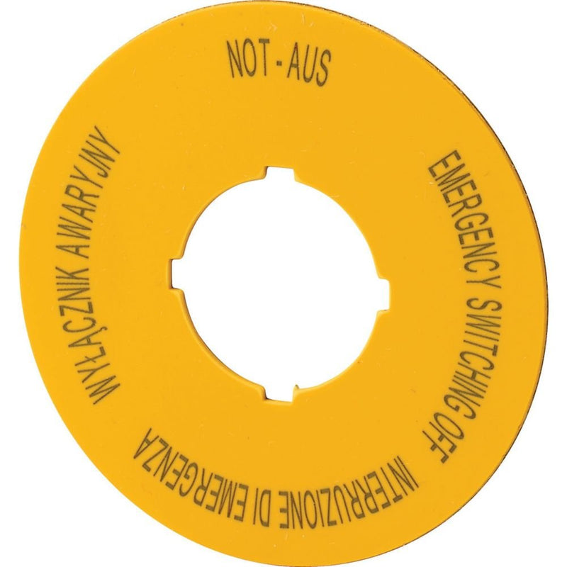 Eaton - Bezeichnungsschild für Befehlsgeräte Schild Not-Aus D=60mm gelb M22-XBK5 PL, EN, DE, IT − 10 Stück