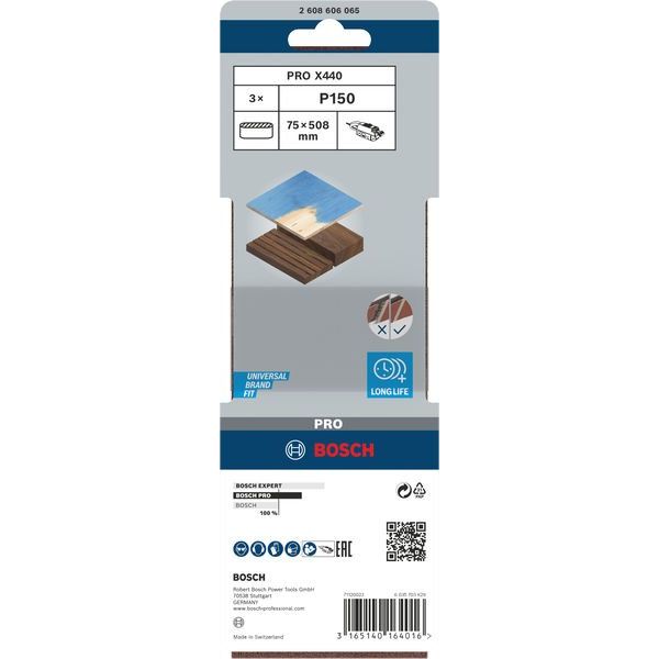 Bosch - Schleifpapier/Schleifvlies PRO X440 Schleifband, 75 x 2608606065 508 mm, G150, 3-tlg