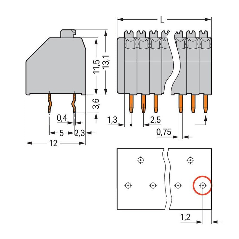 WAGO - Leiterplattenklemme 250-403/000-012 Drücker,0,5mm²,or − 130 Stück