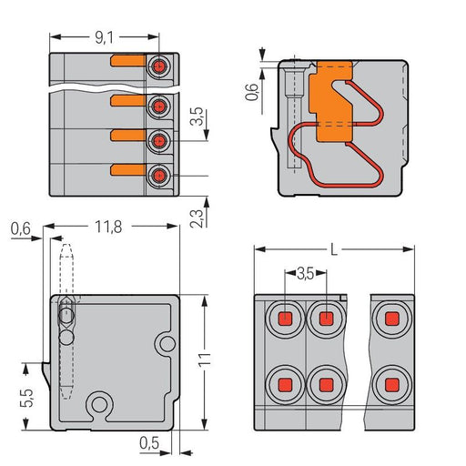 WAGO - Leiterplattenklemme 2-Leiter-Federleiste 252-305 PUSH WIRE,grau − 100 Stück