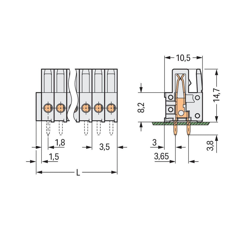 WAGO - Leiterplattensteckverbinder THT-Federleiste gerade 734-469 3,5mm,lichtgrau − 50 Stück