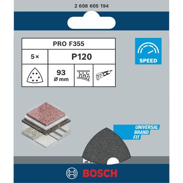 Bosch - Schleifpapier/Schleifvlies PRO F355 Schleifblatt, 93 2608605194 mm, G120, 5-tlg
