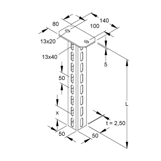 Niedax - Hängestiel für Kabeltragsystem Hängestiel U-Profil HU 5050/250 C1KG 50x50x255mm grau