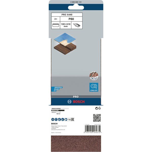 Bosch - Schleifpapier/Schleifvlies PRO X440 Schleifband, 100 2608606131 x 610 mm, 80, 3-tlg