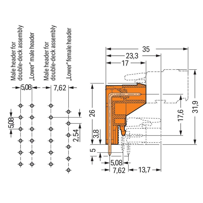 WAGO - Leiterplattensteckverbinder THT-Aufstock-Stiftleiste 232-372 1,0x1,0,abgew.,or − 50 Stück