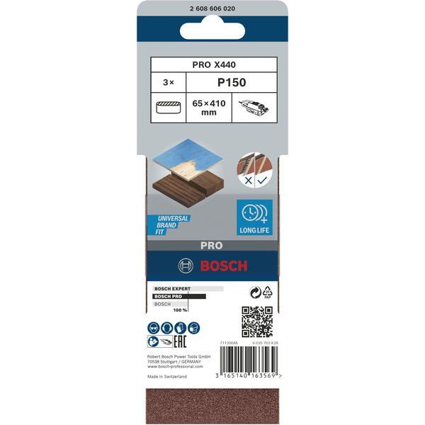 Bosch - Schleifpapier/Schleifvlies PRO X440 Schleifband, 65 x 2608606020 410 mm, G150, 3-tlg