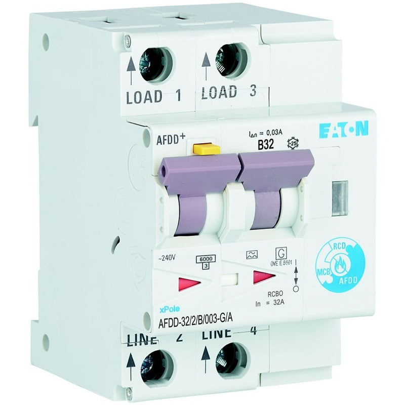 Eaton - Kombination FI-Schalter/Leitungsschutzschalter mit Zusatzeinrichtung Brandschutzschalter AFDD-32/2/B/003-G/A 2p,B,32A,30mA,TypG/A